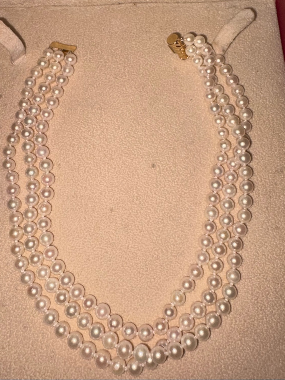 American Pearl Company Three-Strand White Pearl Necklace with Gold Clasp